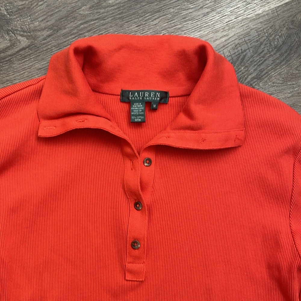 Lauren Ralph Lauren Y2K Polo Collar Ribbed Long Sleeve Womens Cotton Top Size M